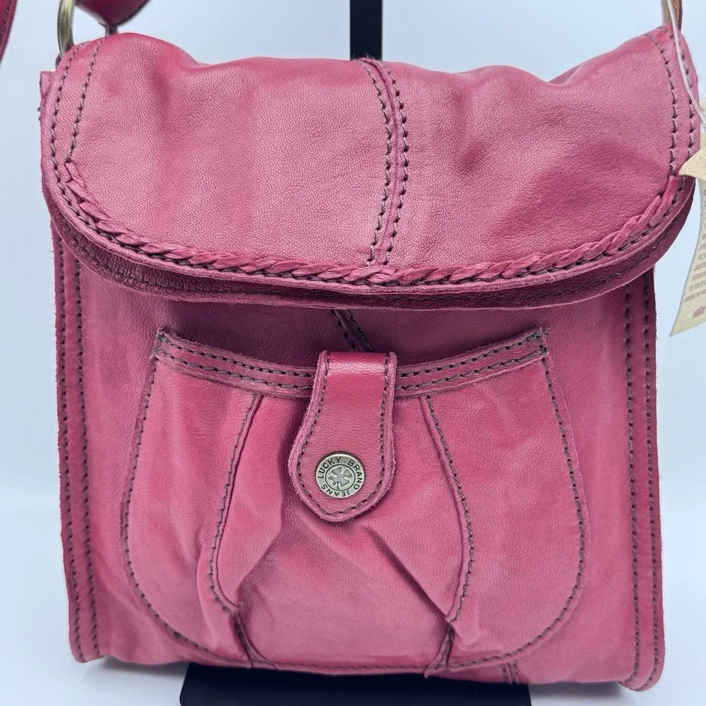 New Lucky Brand Red Boho Bag WhipStitch Lamb Leather Hobo Flap Y2K VTG Crossbody